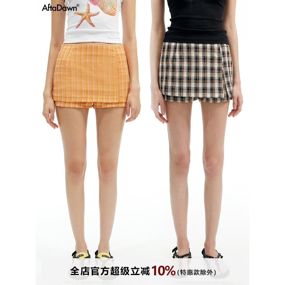经典格纹侧拉链两穿低腰半身裤裙