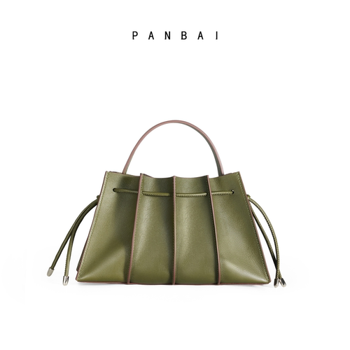 PANBAI 2026新款复古褶皱抽绳高级设计感女包几何造型百搭手提包