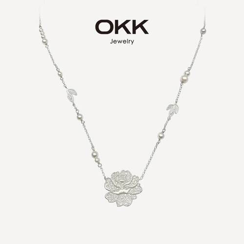 OKK 玫瑰蕾丝法式复古镂空网纹银色花朵叶片轻奢长款吊坠细链项链