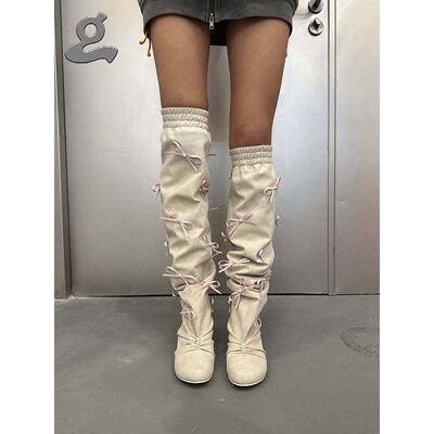 【GRAPE】米白色蝴蝶结坡跟高筒靴