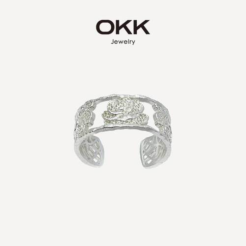 OKK 玫瑰蕾丝复古镂空网纹新中式编织浮雕花朵简约开口女戒指环