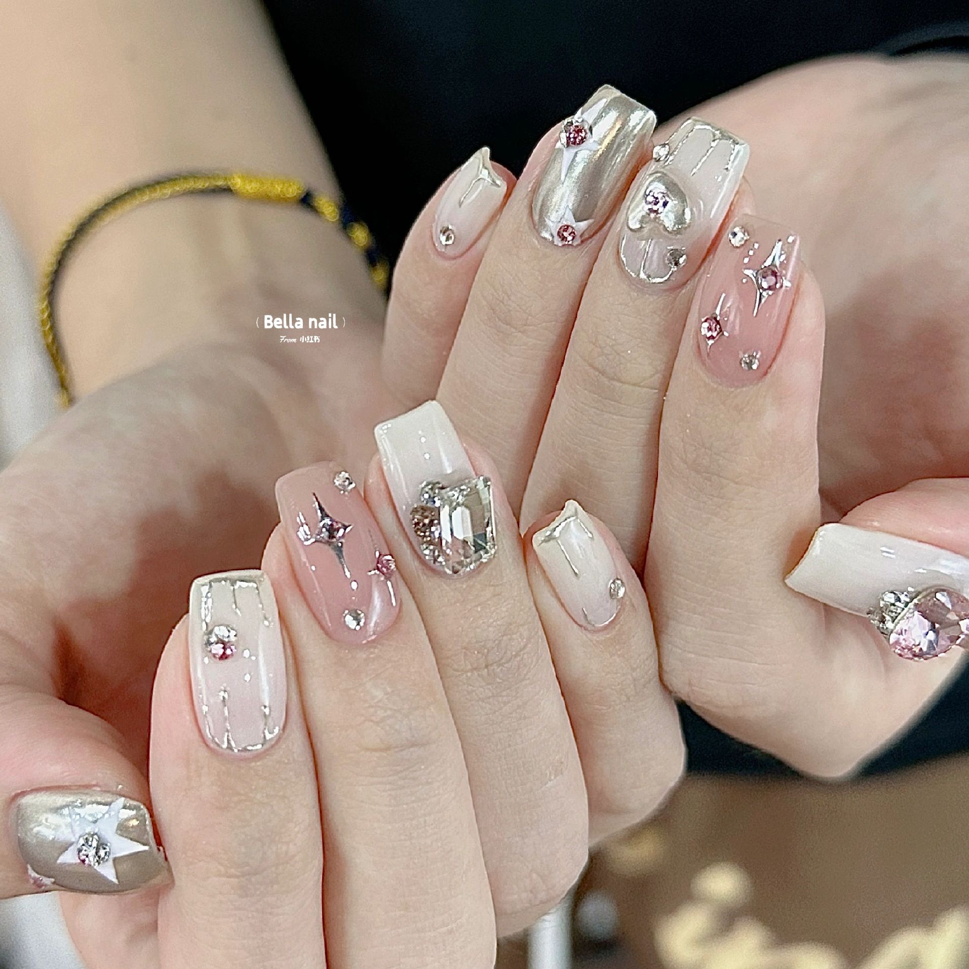 星银|美式甜心魔镜粉四芒星钻手工制作美甲甜心辣妹爱心钻穿戴甲