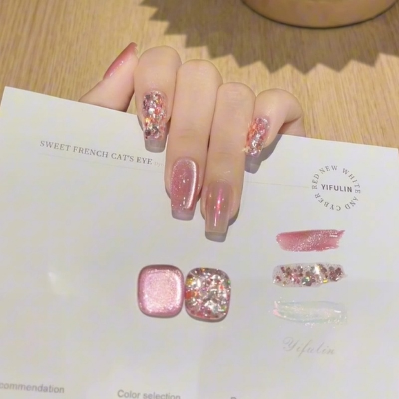 粉椰彩糖|一秒甜心辣妹系列粉色猫眼少女心穿戴甲可替换手工美甲