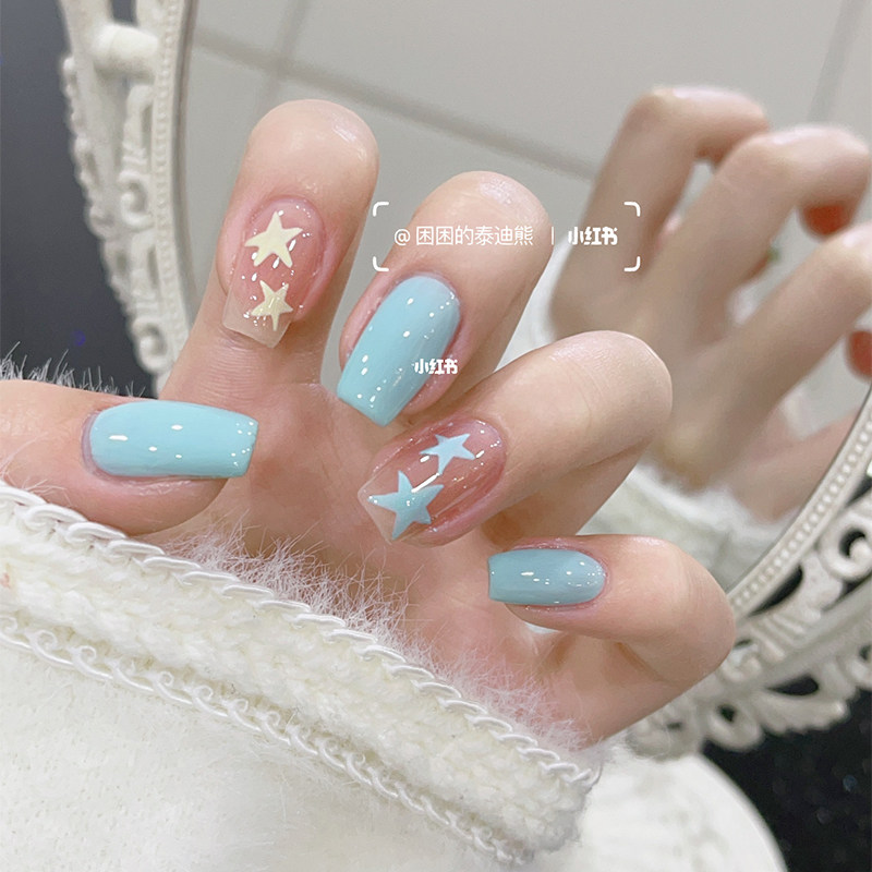 满天星|美式甜心天空蓝手绘星星心动美甲简约冰透裸色气质穿戴甲