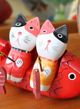 木制情侣小花猫猫咪创意礼物可爱小猫钓鱼装饰工艺品客厅桌面摆件