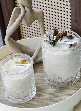 欧式简约玻璃糖果罐浮雕繁花玻璃杯香薰蜡烛大豆蜡氛围家用客厅