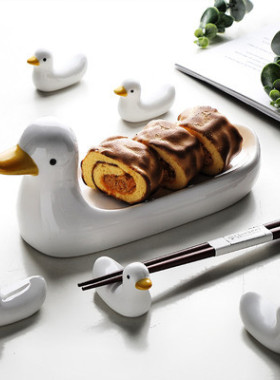 家用小白鸭筷子托创意筷枕可爱陶瓷餐具日式厨房卡通兔子筷托摆件