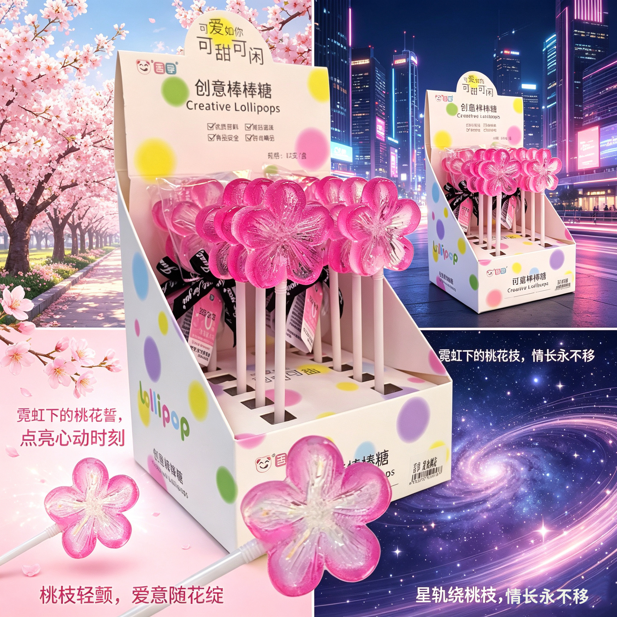 创意卡通造型桃花照片棒棒糖网红无蔗糖手工高颜值糖果送人礼物
