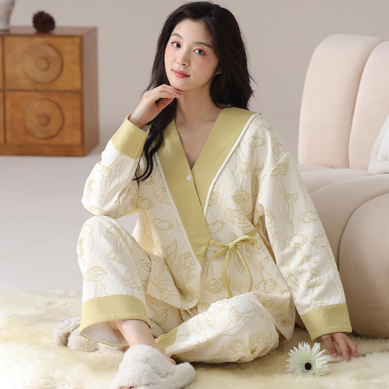 domiamia月子服孕妇睡衣产前产后哺乳秋冬和服夹层保暖冬季家居服