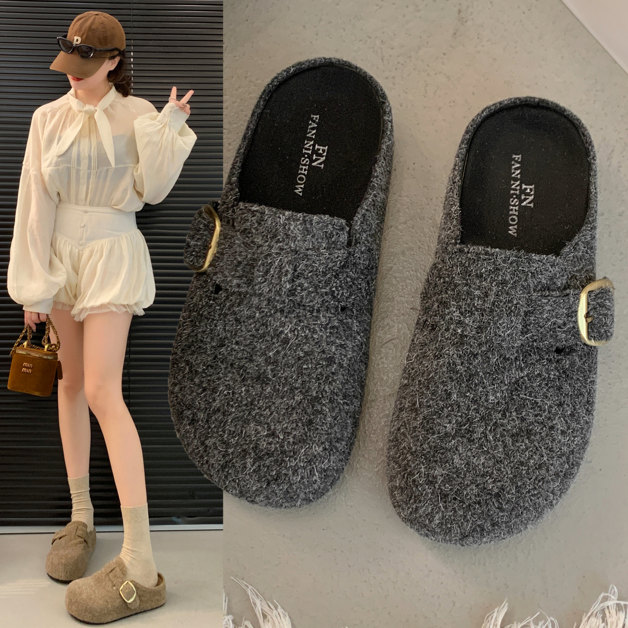 秋冬内增高毛呢勃肯包头半拖鞋女外穿2025新款一脚蹬厚底懒1125z