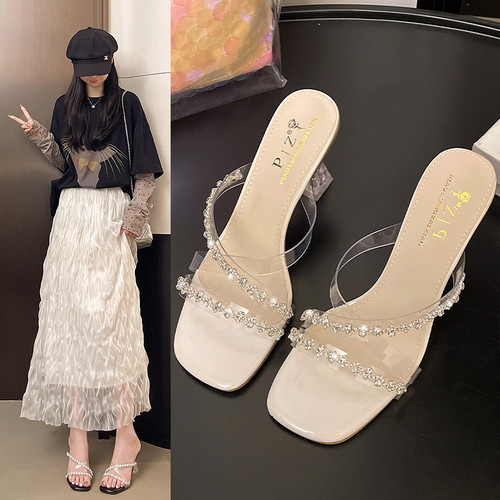 0626e水钻粗跟凉拖鞋女夏外穿2026新款仙女风时尚绝美高跟凉鞋