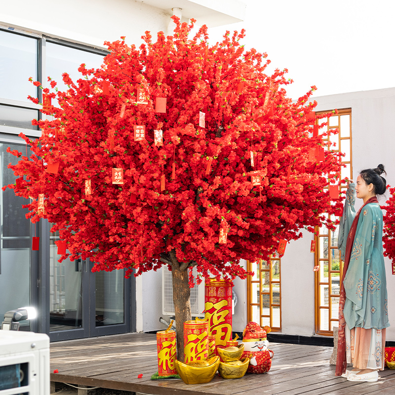 圣诞节仿真红色桃花树假梅花树发财红包树许愿树商场节日室内装饰