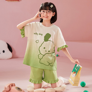纯棉女童睡衣夏季新款薄款宽松短袖夏款女孩中大童儿童家居服套装