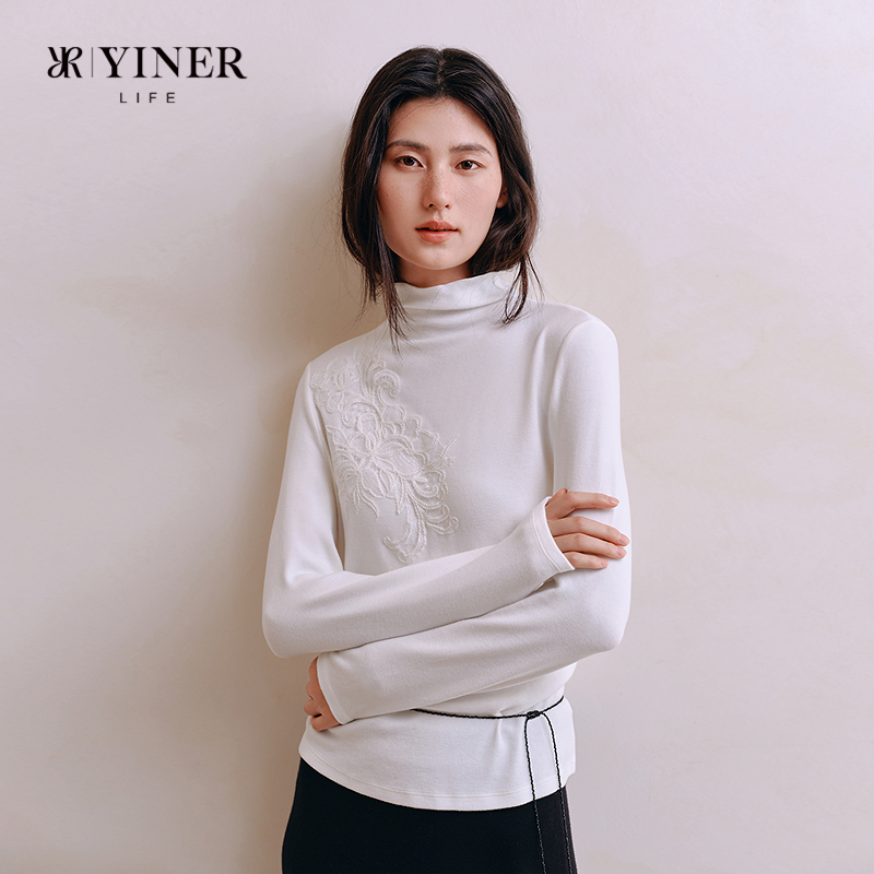 音儿女士羊毛打底衫秋冬新款高领设计立体蕾丝花片亲肤内搭肌底衣