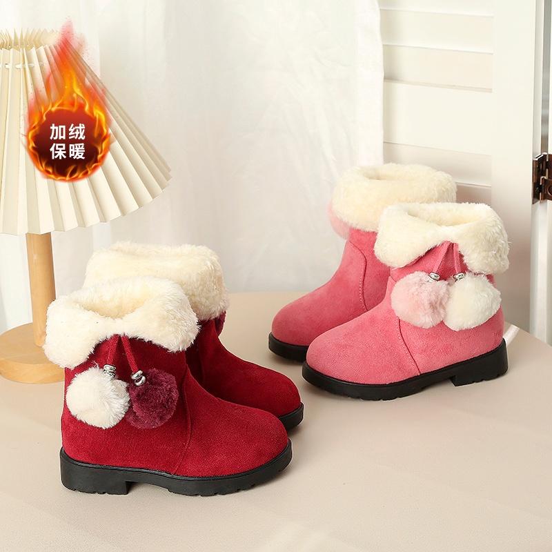 儿童棉鞋女童红色2025冬季加绒加厚毛绒雪地靴女保暖防滑短靴棉靴