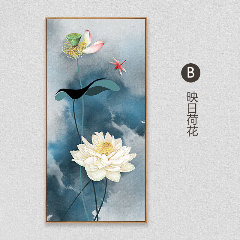新中式玄关装饰画进门入户客厅走廊壁画过道挂画荷花竖版禅意