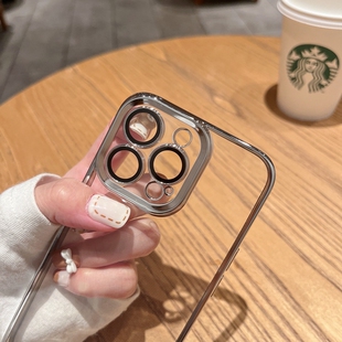 太空银自带镜头膜适用苹果15promax手机壳新款iPhone14带防尘网电镀一体13Promax全包透明12高级感11男女外壳