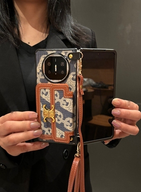 黑色花斜挎可背带适用华为MateX6手机壳新款mate60pro高级感插卡MateX5高档奢华女Pura70背包式mate70/80挂绳