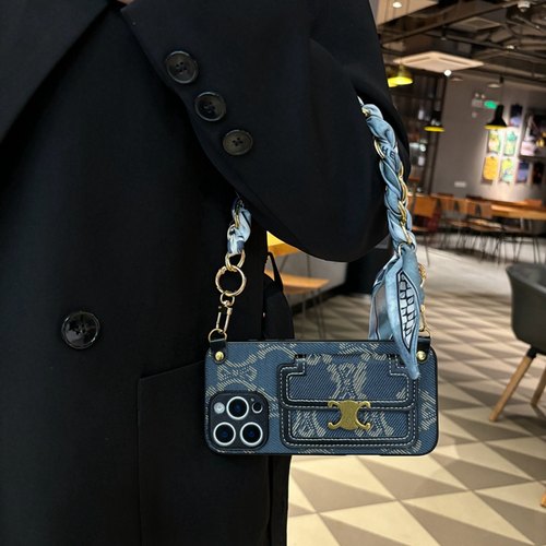 牛仔蓝斜跨可背带苹果16手机壳