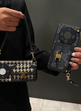 千鸟格手提挂绳华为mate60pro手机壳挎包式Pura70Pro便捷式mate70高级感女mate80高档p80奢华nova12U插卡适用