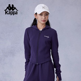 运动外套休闲上衣 修身 Kappa卡帕背靠背弹力针织开身帽衫 女士短款