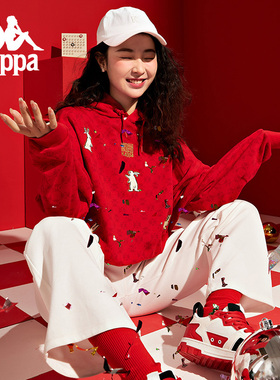 Kappa卡帕2025新年款红色卫衣套头帽衫背靠背女款运动上衣外套