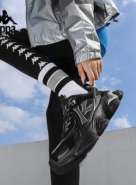 Kappa卡帕黑色运动鞋男款2025爆款老爹鞋春秋新款情侣厚底鞋子女