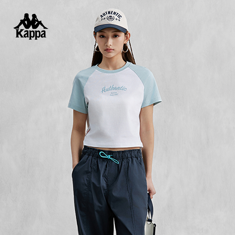 Kappa卡帕背靠背短袖2025新款女夏纯棉短款撞色休闲t恤半袖上衣潮