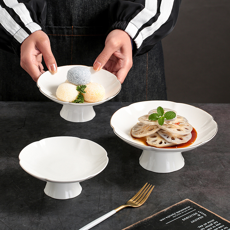 金边高脚果盘甜品盘子碟子陶瓷菜盘意境餐具酒店面包盘冷菜糕点盘