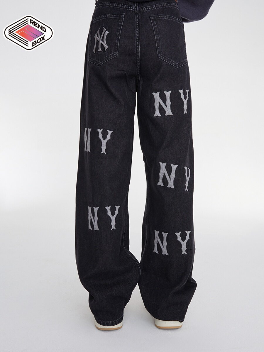 MLB 청바지 YU SHUXIN과 같은 스타일의 심플하고 편안한 문자 프린트 스트레이트 팬츠 여성용 와이드 진