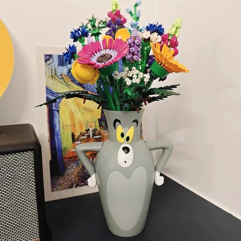 汤姆猫花瓶杰瑞鼠创意积木花插花笔筒搞怪猫和鼠装饰礼物家居摆件