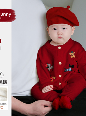 满月宝宝满月衣服春季红色喜庆婴儿连体衣春装幼儿周岁礼服爬爬服