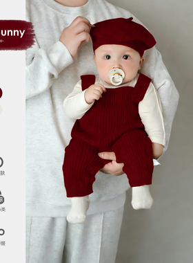 小月龄宝宝春秋款针织背带裤套装婴幼儿春装连体裤洋气两件套时髦