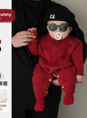 婴儿拜冬年服红色喜庆宝宝过年衣服加绒爬爬服连体衣外出服拜年服