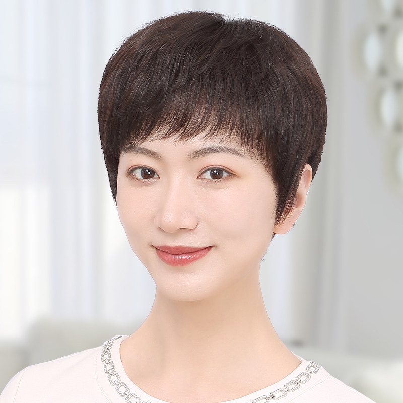 假发女全头套短发真人发丝短直发中老年女士自然妈妈款假发套轻薄