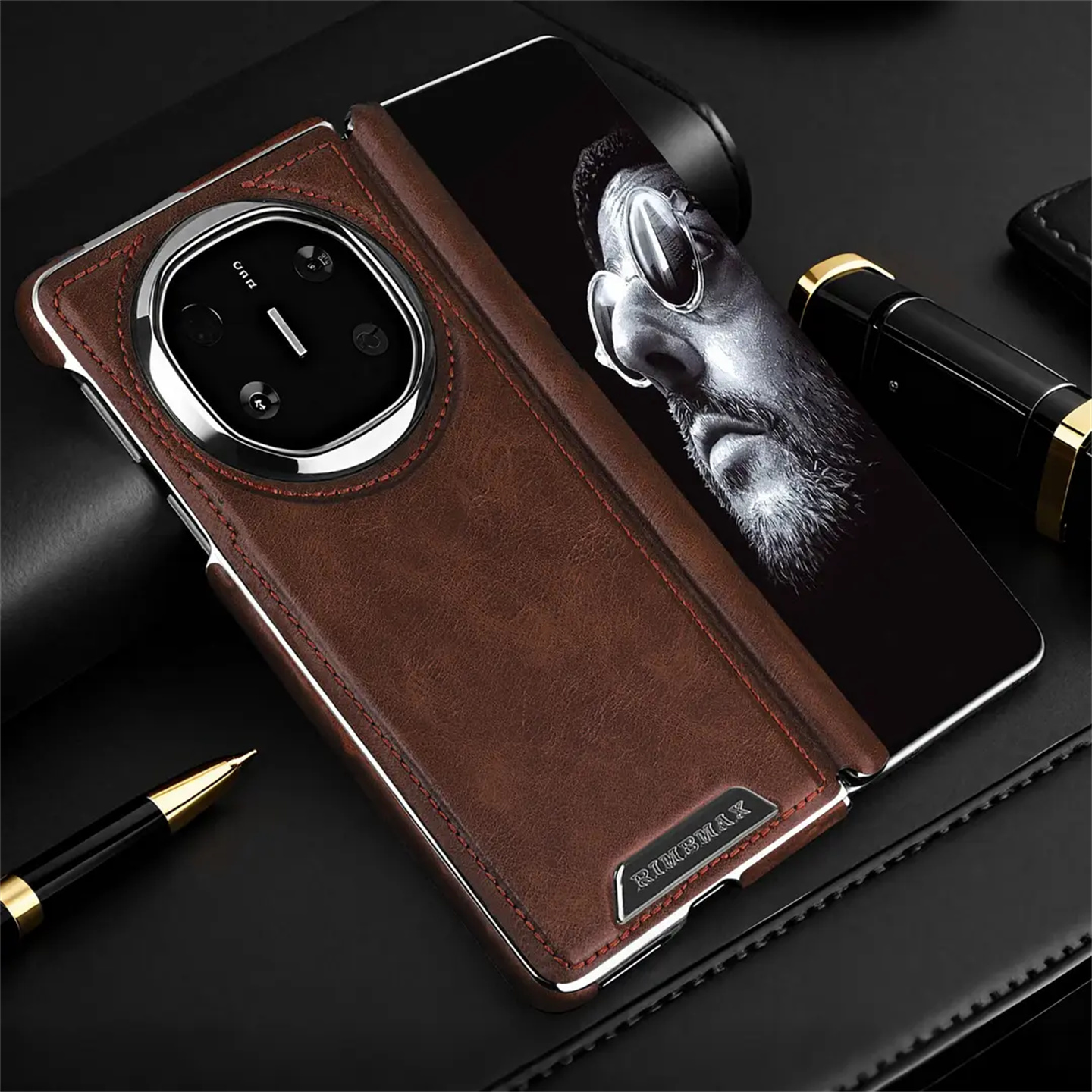 适用华为matex6纯色皮纹中轴磁吸