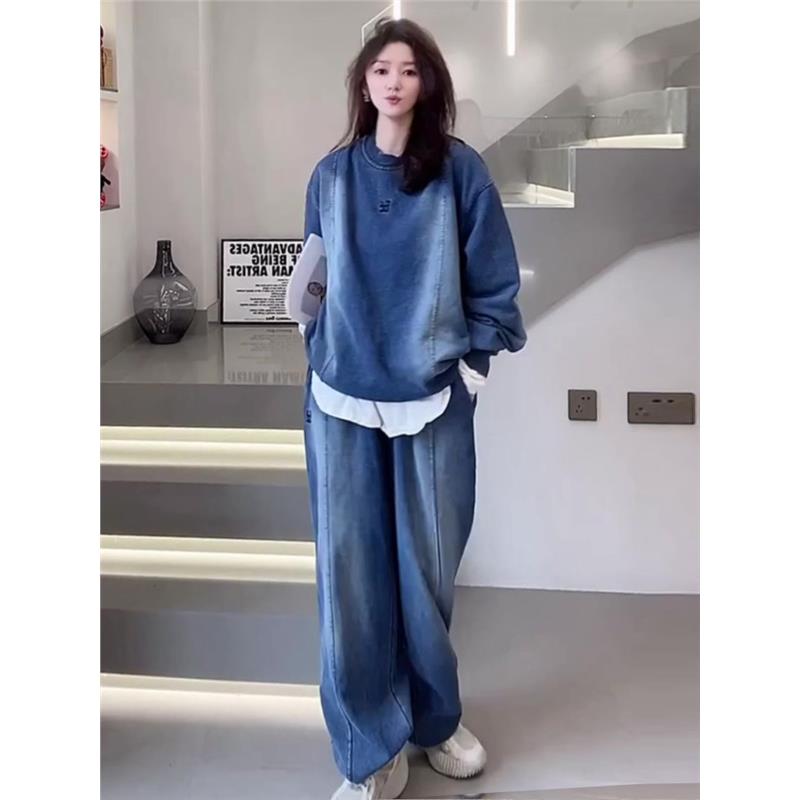 ROUMIKL欧货高档牛仔卫衣慵懒风又a又飒两件套装加绒新款搭配一整