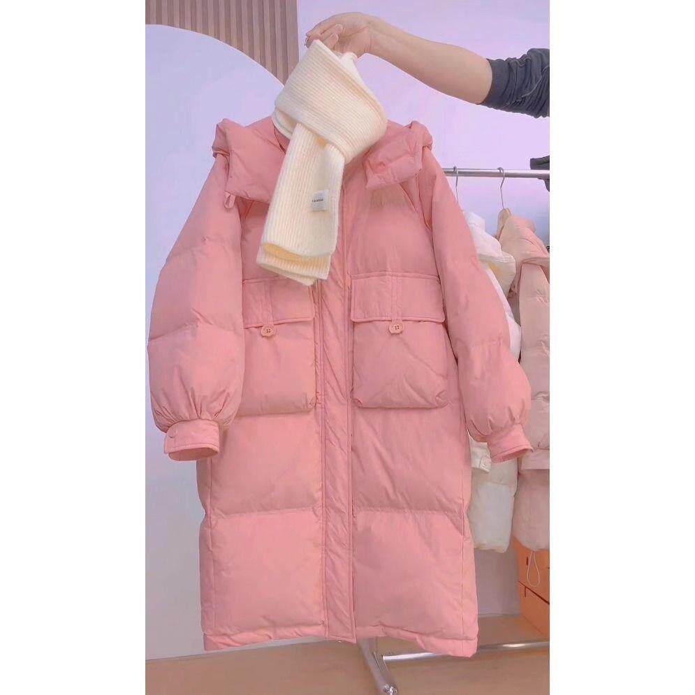 ROUMIKL粉色服女冬季新款韩版衣收腰中长款加厚显瘦连帽外套袄