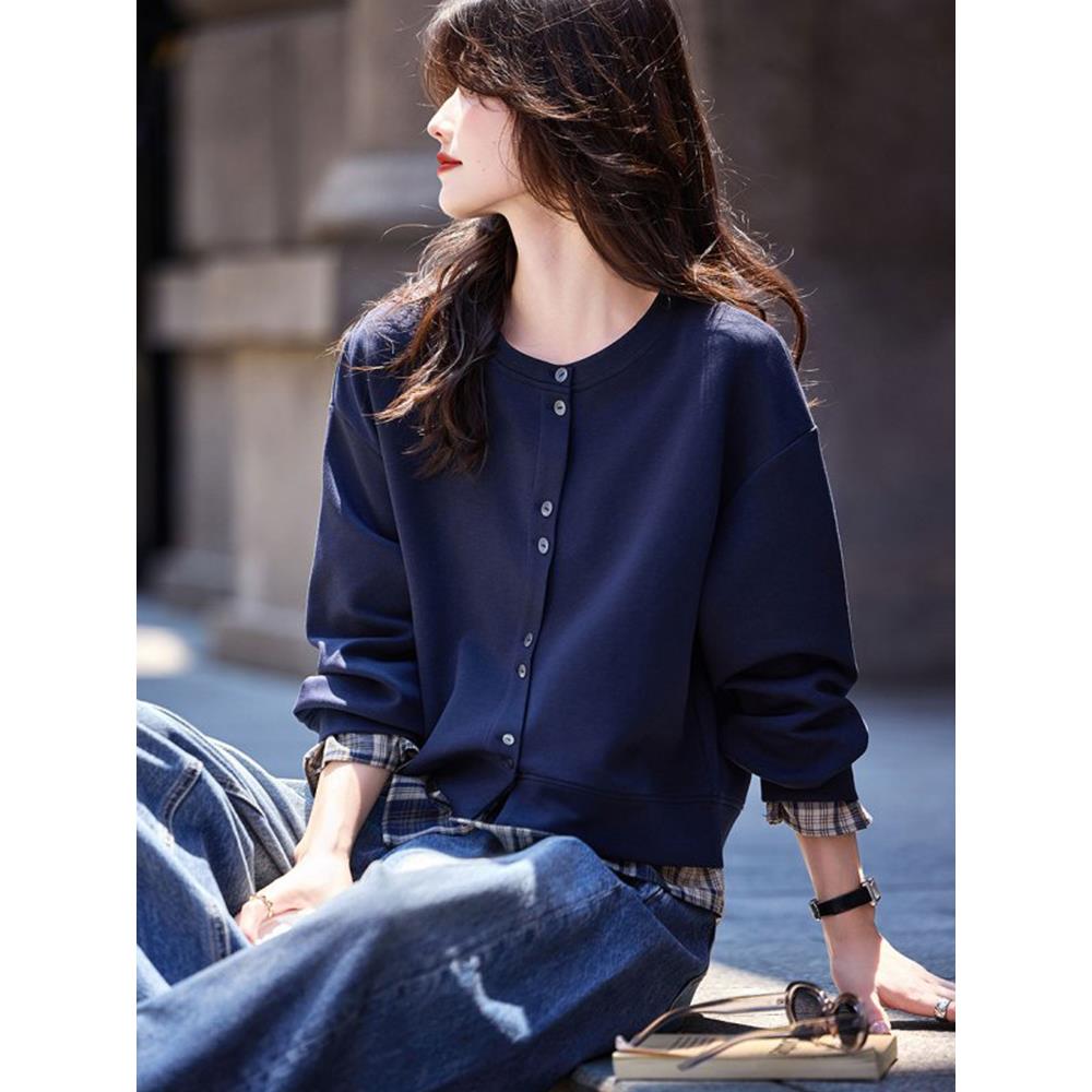 ROUMIKL韩系chic假两件拼接卫衣外套女早秋新款宽松简约拼接下摆