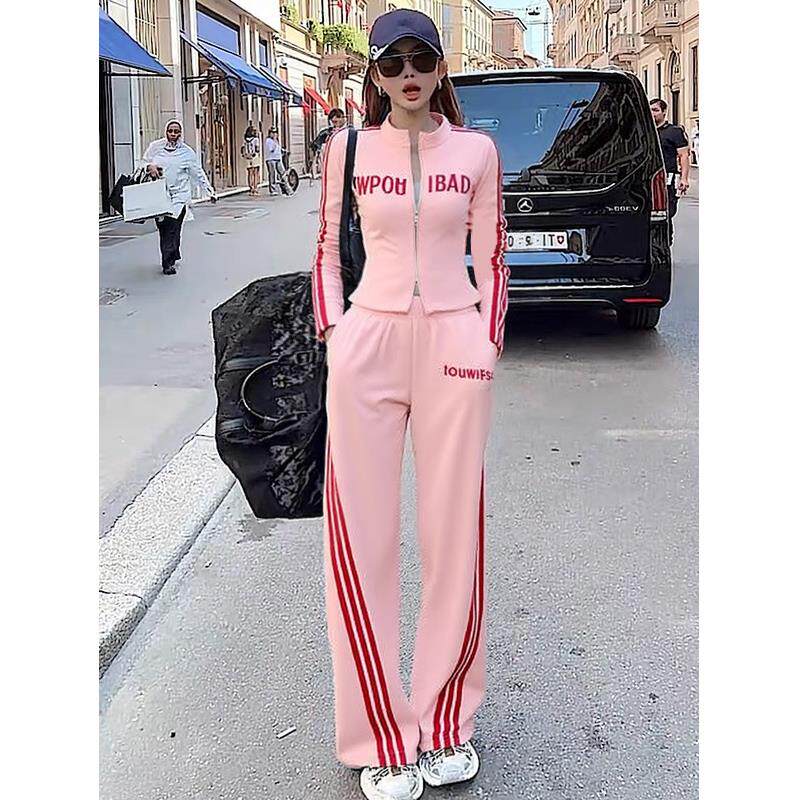ROUMIKL粉色运动套装女春秋时尚减龄条纹卫衣阔腿裤两件套休闲套