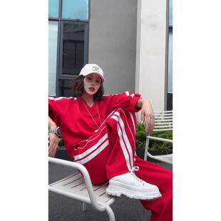 ROUMIKL休闲运动套装女2025秋季新款宽松韩版慵懒风红色卫衣阔腿