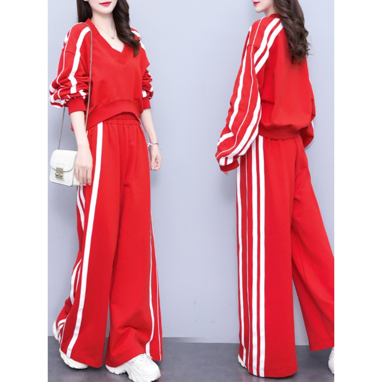 ROUMIKL潮牌休闲时尚套装女2025春季新款运动风条纹阔腿裤两件套