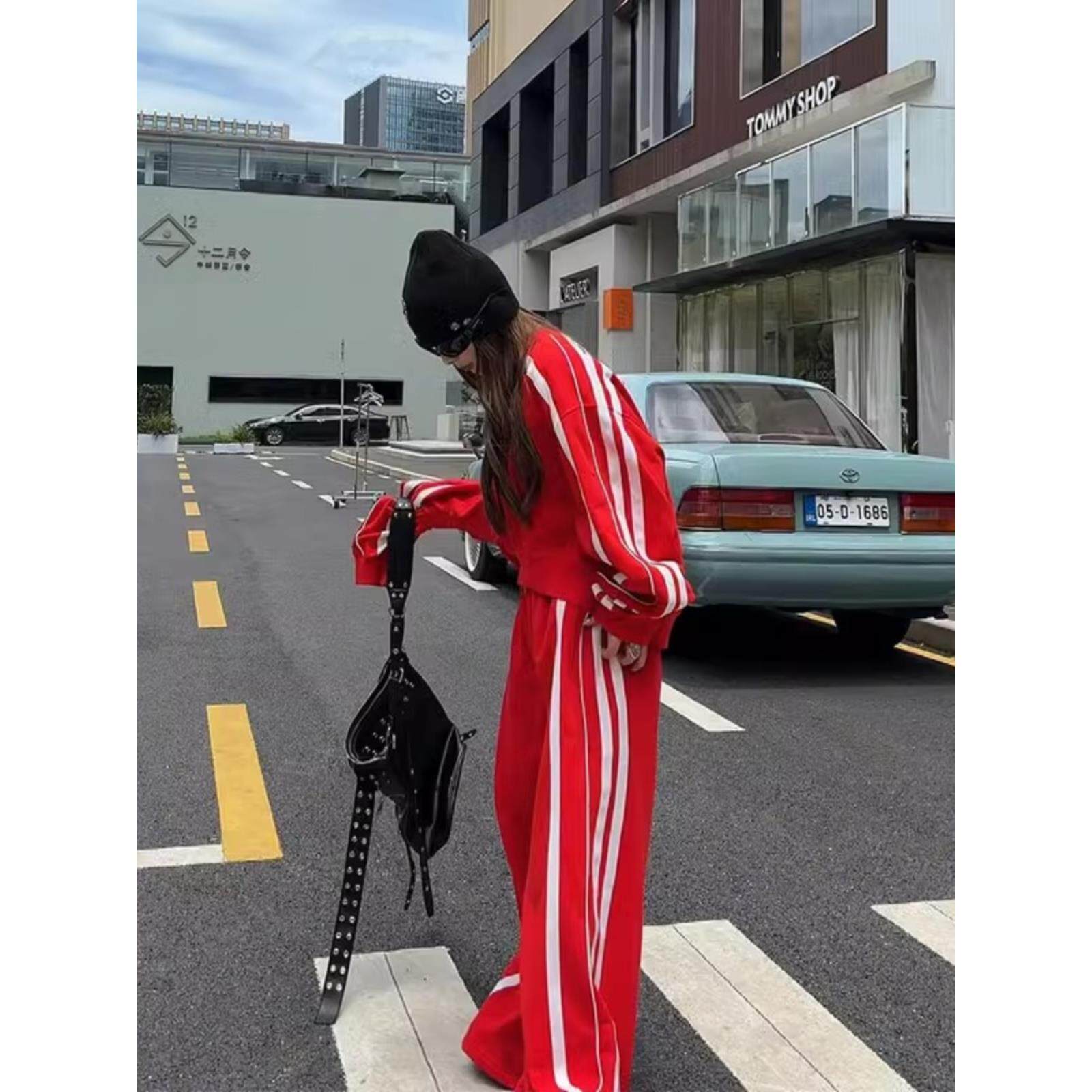 ROUMIKL休闲运动套装女2025秋季新款宽松韩版慵懒风红色卫衣阔腿