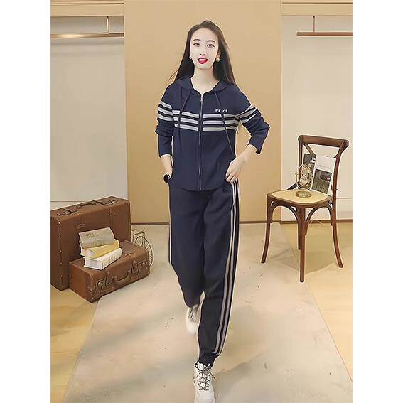 ROUMIKL秋季穿搭洋气时尚时髦气质条纹开衫卫衣卫裤休闲运动套装