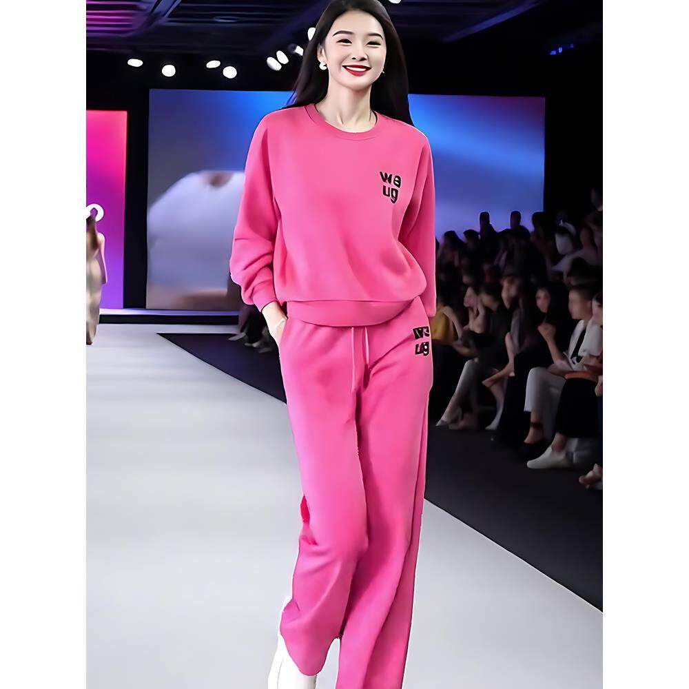 ROUMIKL玫粉色休闲运动套装2025女秋季新款圆领宽松舒适纯色穿搭