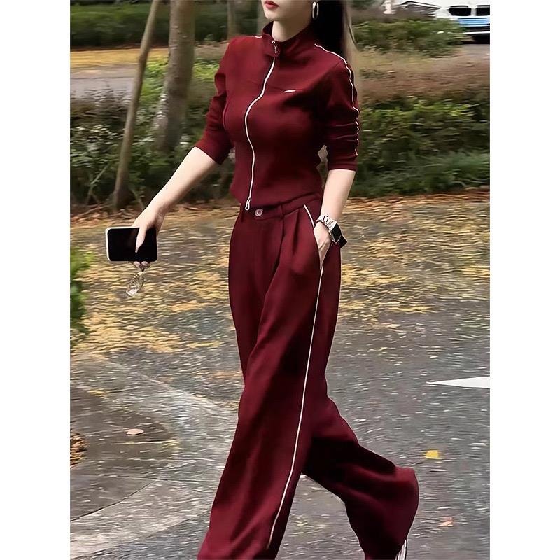 ROUMIKL酷飒风休闲运动套装春秋新款高级感洋气红色外套阔腿裤两