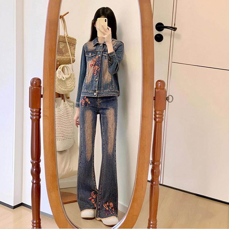 ROUMIKL时尚牛仔套装女2025春秋季新款覆古短外套修身喇叭裤休闲