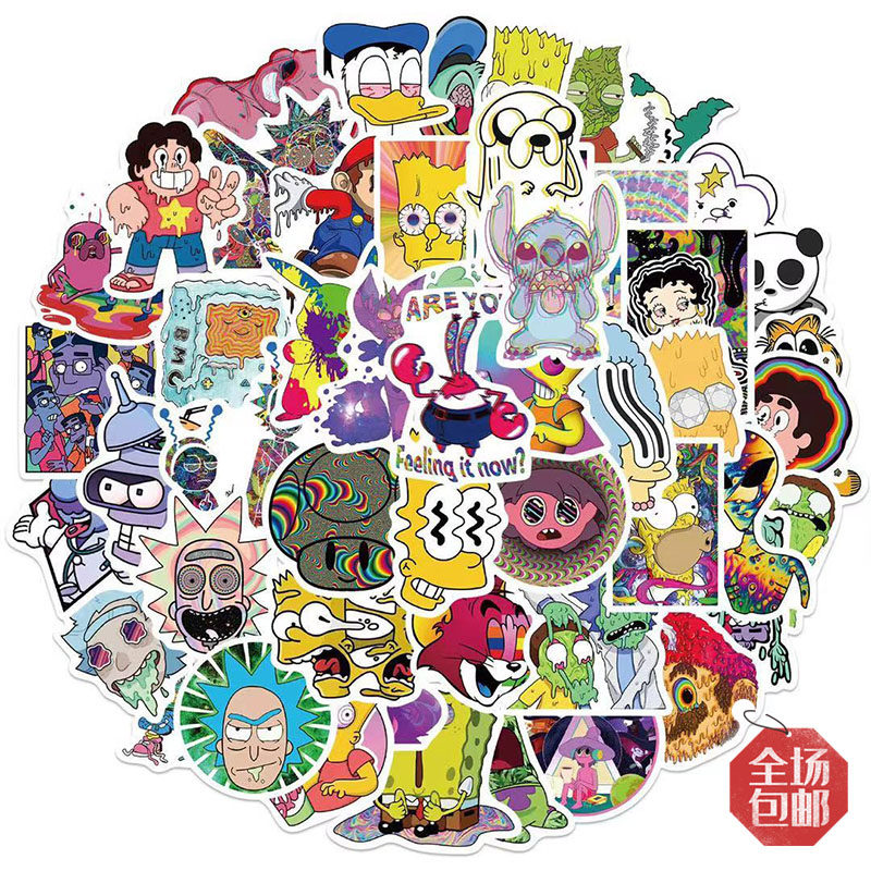 52张迷幻美学混合卡通人物电脑手机笔记本行李箱个性创意防水贴纸