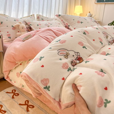 A类冬季加绒加厚牛奶绒被套单件宿舍珊瑚绒保暖法兰绒被罩四件套