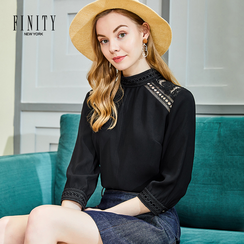 FINITY奥莱特卖春季套头上衣女镂空蕾丝拼接花边立领七分袖雪纺衫